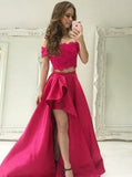 Beading Red Satin Two Piece Off-the-Shoulder High Low Prom Dress
