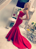 Mermaid Strapless Long Red Satin Prom Dress