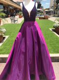 Beading Pockets Fuchsia Satin A-Line V-Neck Prom Dress