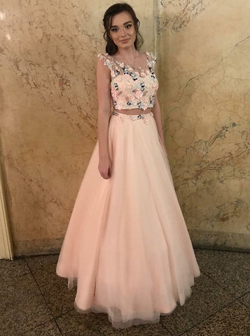 Floral Two Piece Pink Tulle Prom Dress with Appliques