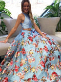 Unique Two Piece Round Neck Floral Blue Satin Prom Dress