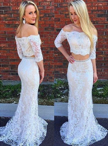 Two Piece Off-the-Shoulder 3/4 Sleeves Light Lace Prom Dress