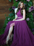 Two Piece Round Neck Grape Tulle Sequins Prom Dress