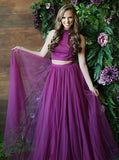 Two Piece Round Neck Grape Tulle Sequins Prom Dress