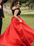 Beading Flowers Two Piece Off-the-Shoulder Red Prom Dress