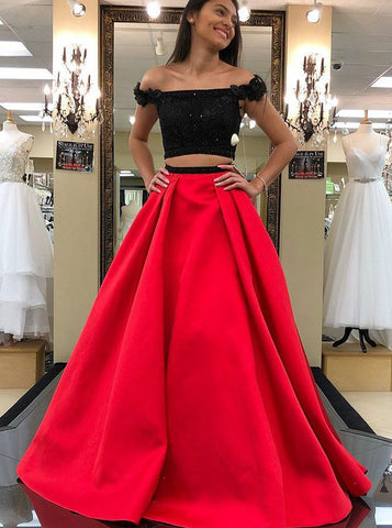 Beading Flowers Two Piece Off-the-Shoulder Red Prom Dress