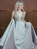 Royal Blue Satin V-Neck Low Cut Prom Dress with Beading