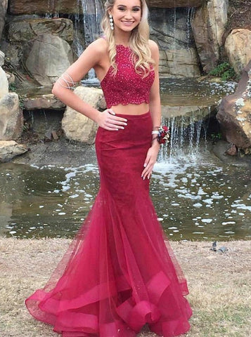 Two Piece Mermaid Beading Long Red Tulle Prom Dress