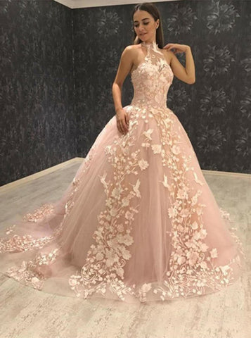 Floral Ball Gown Halter Pink Tulle Prom Dress 
