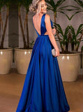 Pleated Royal Blue V-Neck Cut Out Elastic Satin Prom Dress