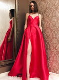 V-Neck Long Red Satin Prom Dress with Split