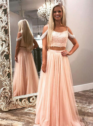 Pink Tulle Beading Two Piece Cold Shoulder Prom Dress