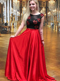 Two Piece Floral Red Elastic Satin Lace Appliques Prom Dress