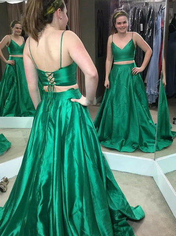 Two Piece Pleats Spaghetti Straps Green Satin Prom Dress