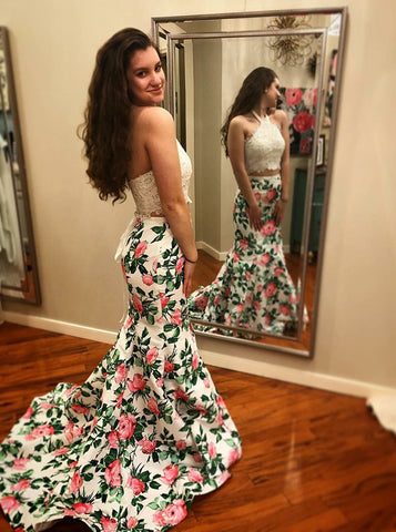 Halter White Floral Two Piece Mermaid Satin Prom Dress