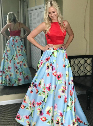 Light Blue Floral Satin Two Piece Square Neck Prom Dress