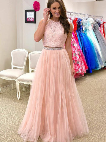 Two Piece Lace Beading Pink Tulle Prom Dress