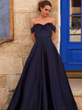 Beading Off-the-Shoulder Pleated Navy Blue Satin Prom Dress