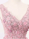 Appliques Beading V-Neck Pink Tulle Prom Dress