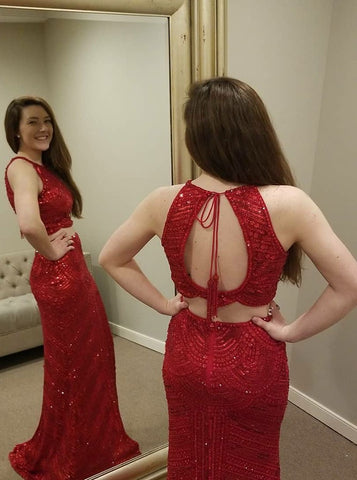Mermaid Open Back Red Elastic Satin Long Beading Prom Dress