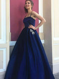 Navy Blue Satin Spaghetti Straps Prom Dress with Pockets Beading