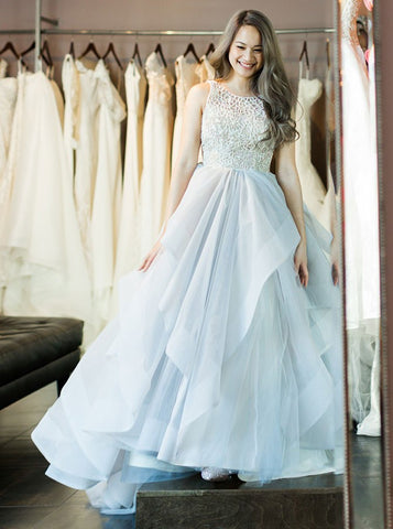 Light Blue Ball Gown Round Neck Tulle Prom Dress