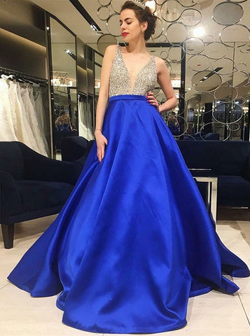 Royal Blue Satin V-Neck Low Cut Prom Dress with Beading