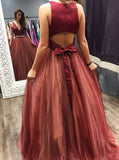 Sexy Open Back Two Piece V-Neck Red Tulle Prom Dress