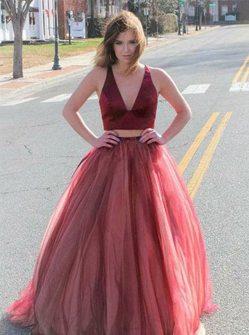 Sexy Open Back Two Piece V-Neck Red Tulle Prom Dress