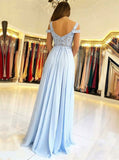  Appliques Cold Shoulder Light Blue Chiffon Prom Dress
