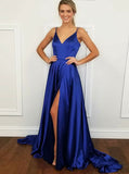 Split V-Neck Blue Elastic Satin Prom Dress 