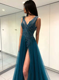 High Slit V-Neck Appliques Beading Turquoise Tulle Prom Dress