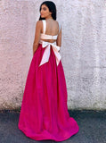 Bowknot Two Piece Scoop Fuchsia Long Satin Prom Dress