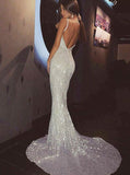 Backless Sliver Mermaid Spaghetti Straps Sequined Prom Dress