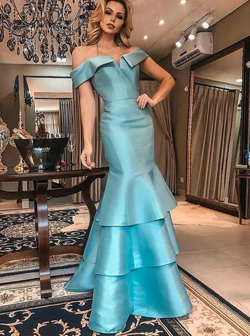 Tiered Blue Mermaid Off-the-Shoulder Satin Prom Dress