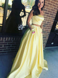 Yellow Satin Two Piece Strapless Pockets Appliques Prom Dress