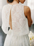 Two Piece Crew  Open Back Ivory Lace Wedding Dress