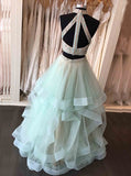 Long Open Back Mint Two Piece High Neck Organza Prom Dress 