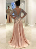 Beading Long Sleeves Pearl Pink Chiffon Prom Dress 