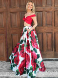 Two Piece Off-the-Shoulder Print Red Floral Satin Prom Dress