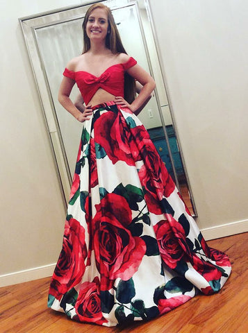 Two Piece Off-the-Shoulder Print Red Floral Satin Prom Dress