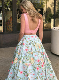 Long Pink Two Piece V-Neck Floral Satin Prom Dress