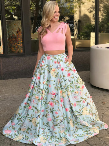Long Pink Two Piece V-Neck Floral https://fancyprom.myshopify.com/admin/products/new#Satin Prom Dress
