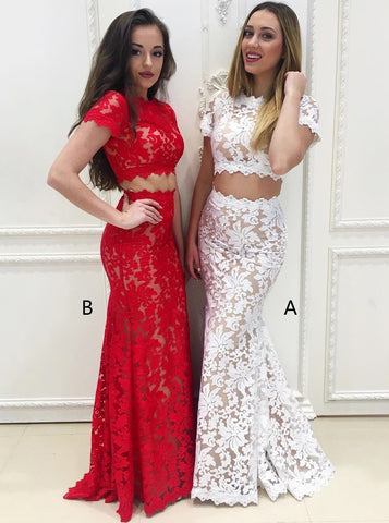 Short Sleeves White Lace Two Piece Mermaid Round Neck Prom Dress