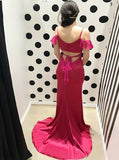 Open Back Red Elastic Satin Mermaid Cold Shoulder Prom Dress