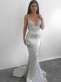 Backless Sliver Mermaid Spaghetti Straps Sequin Prom Dress