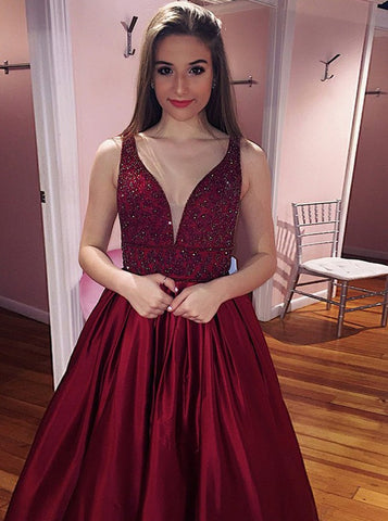 Red A-Line V-Neck Satin Prom Dress with Beading Pockets