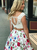 Vintage Two Piece White Floral Satin Prom Dress with Pockets