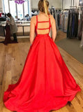 Red Satin A-Line Cross-Neck Prom Dress with Pockets