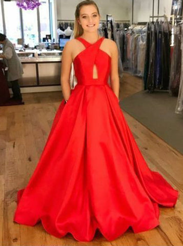 Red Satin A-Line Cross-Neck Prom Dress with Pockets